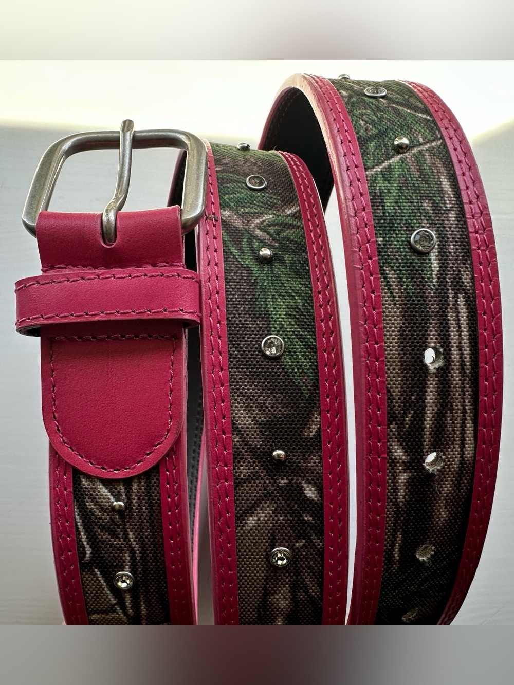 Camo Leather Belt with Pink Trim and Stud Accents